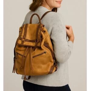 Lucky Brand Leather Backpack Purse Brown Tan Boho Drawstring Studded Medium